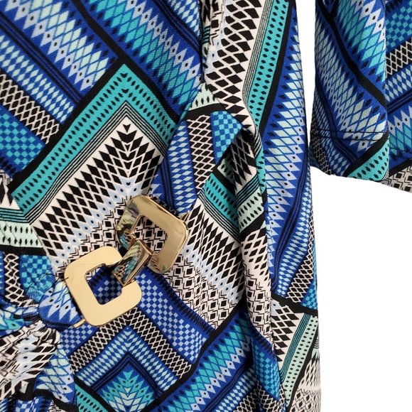 Roaman's Plus Size 24W Dress Geometric Tile Stretch Faux Wrap Pullover Midi Blue - Picture 10 of 12